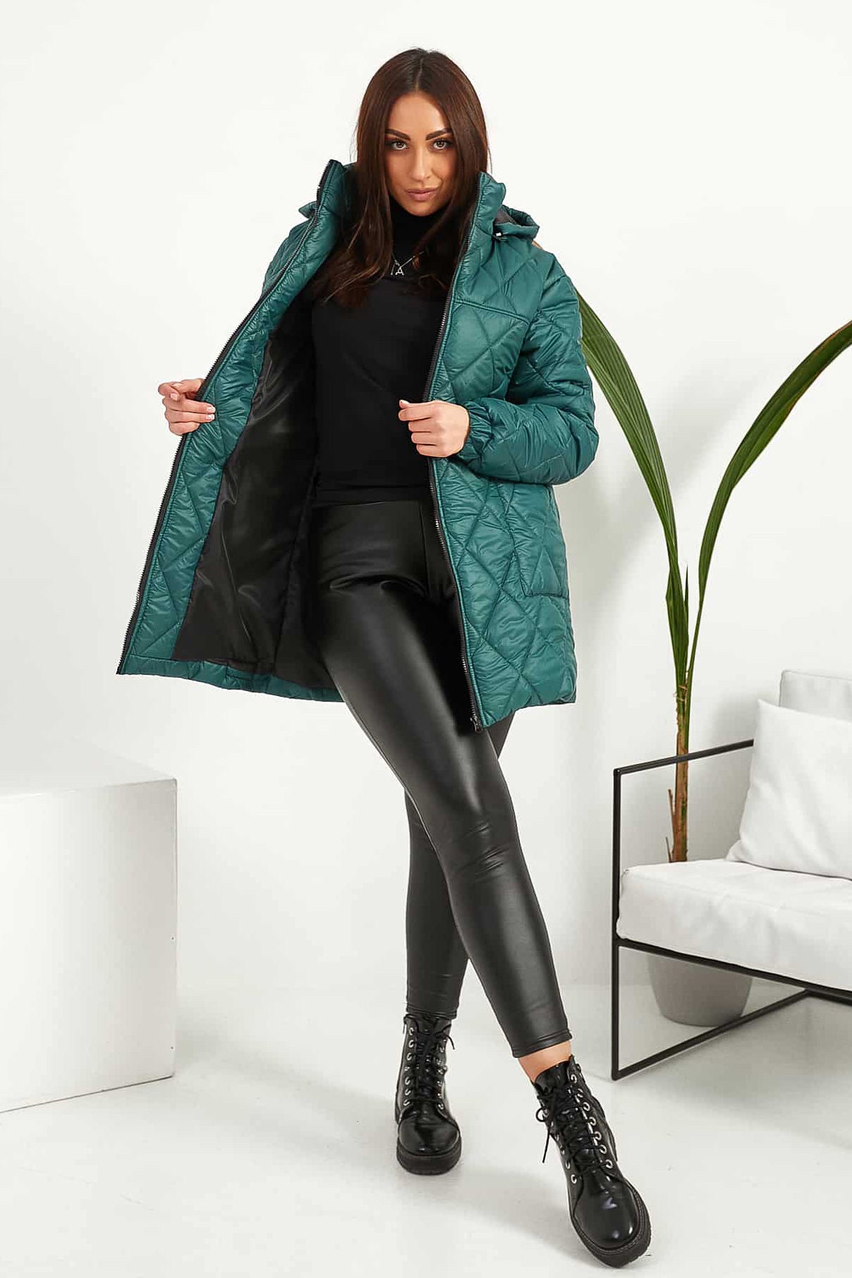 Pikowana kurtka z kapturem – zielona