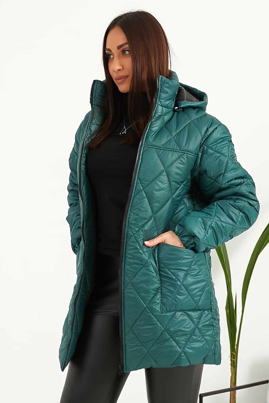 Pikowana kurtka z kapturem – zielona