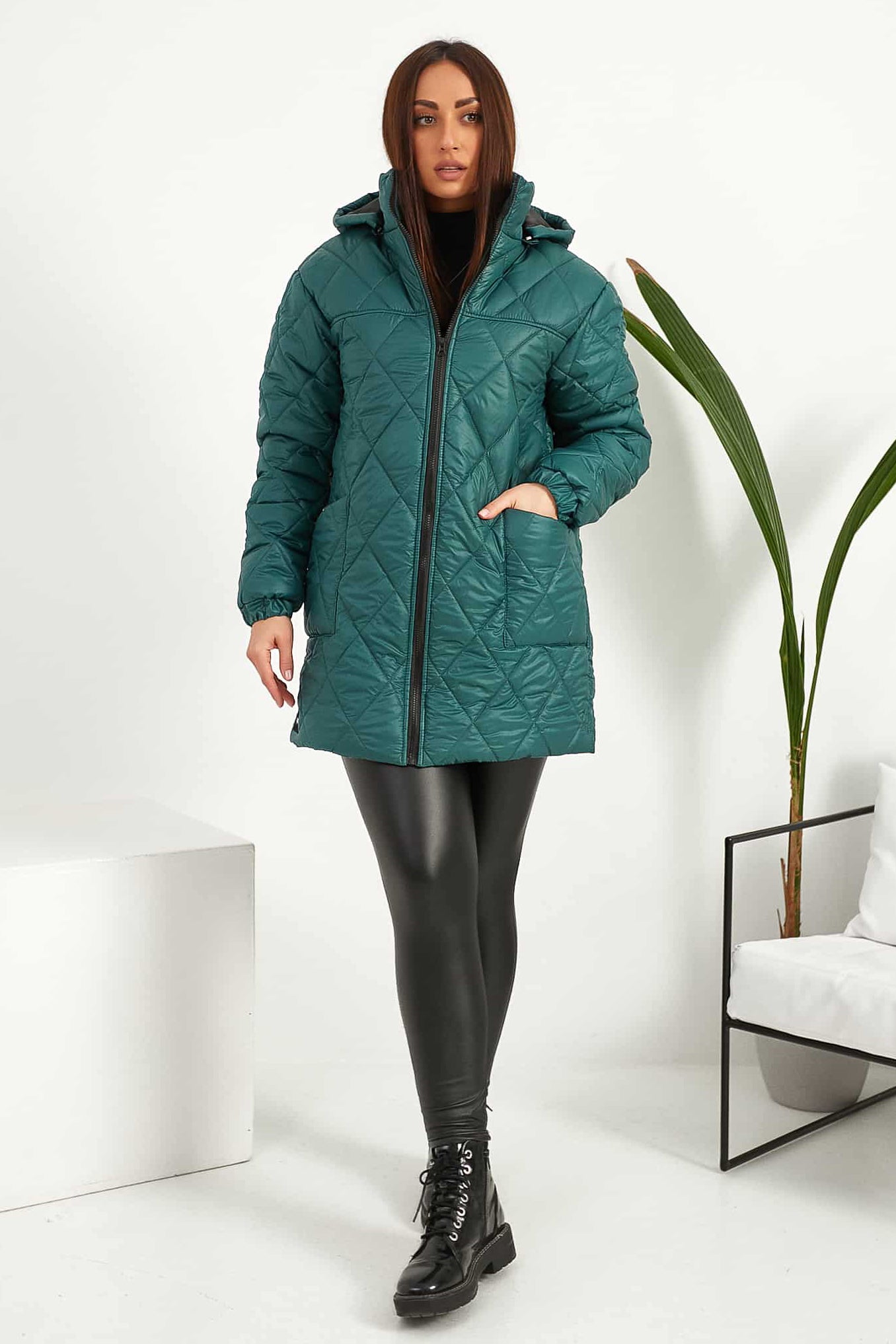 Pikowana kurtka z kapturem – zielona