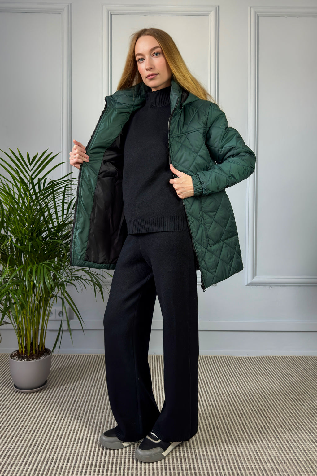 Pikowana kurtka z kapturem – zielona