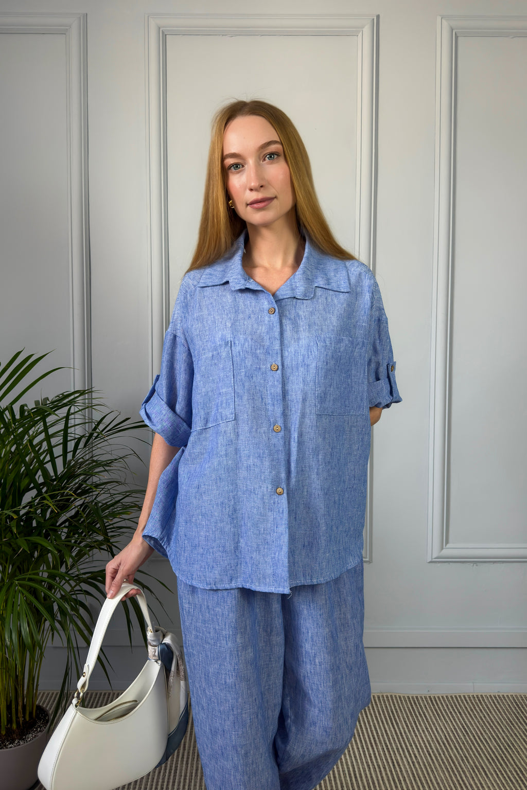 Lniany komplet damski – niebieski