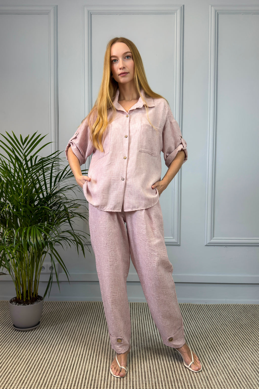 Lniany komplet damski – różowy
