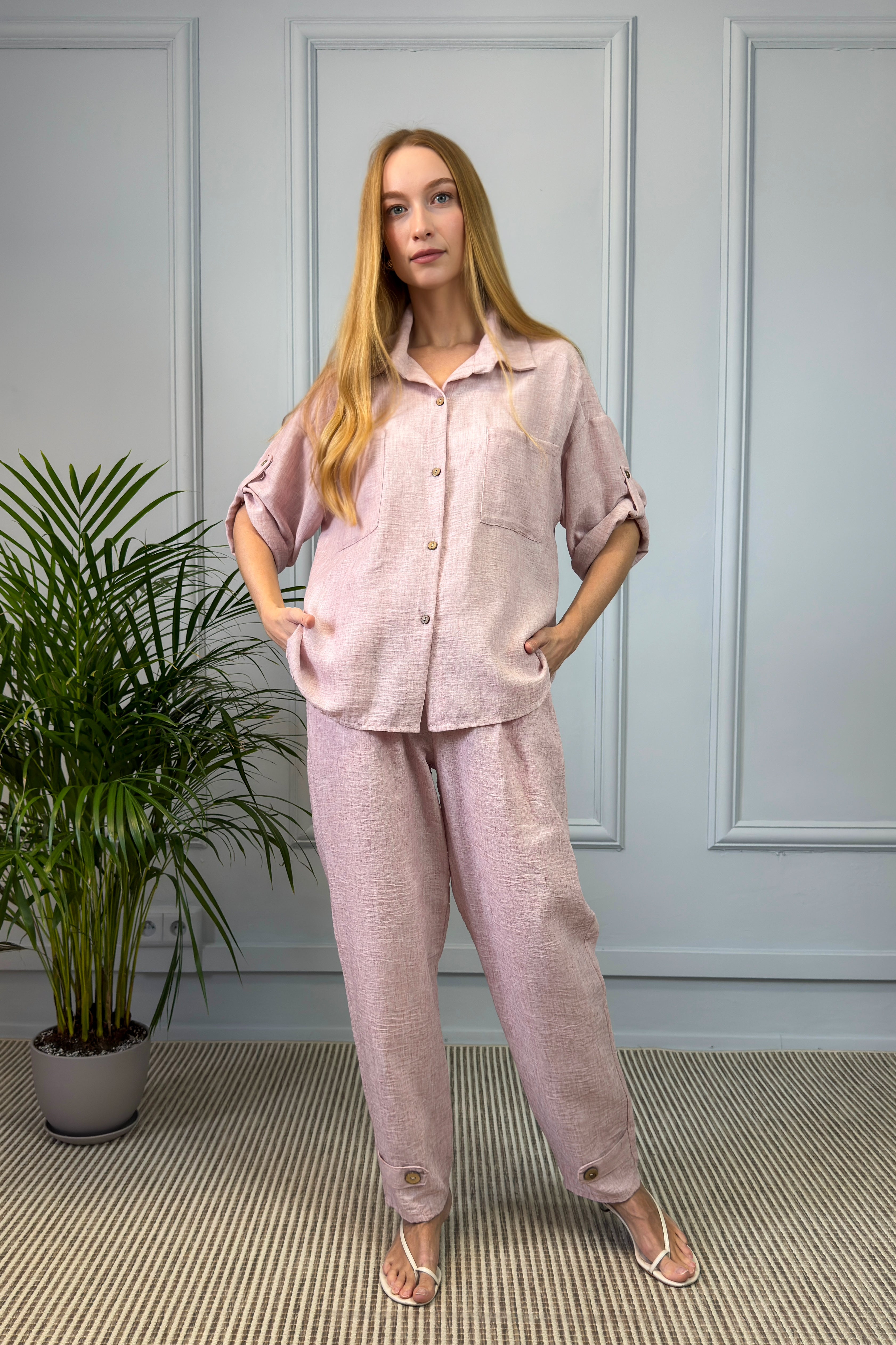 Lniany komplet damski – różowy