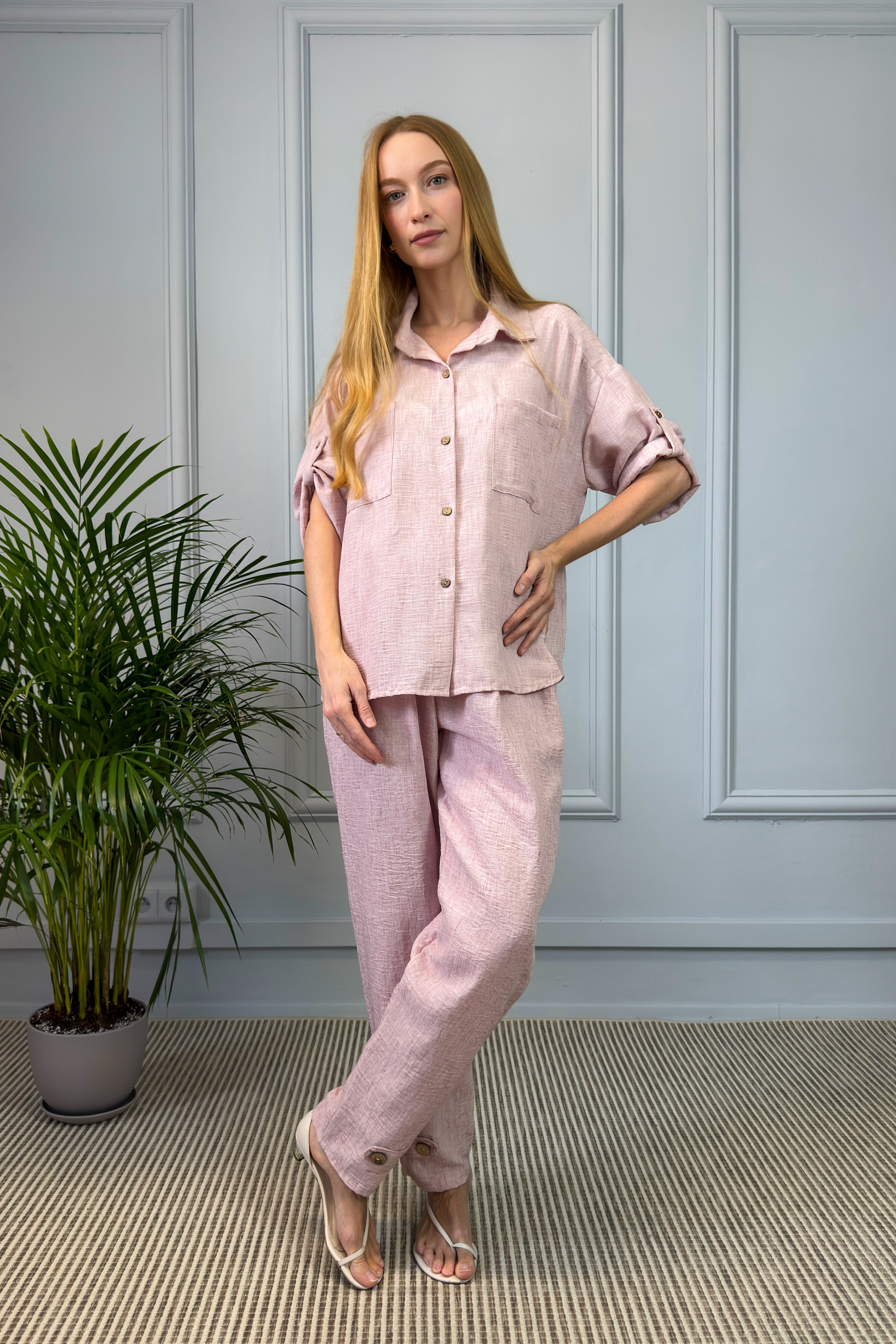 Lniany komplet damski – różowy