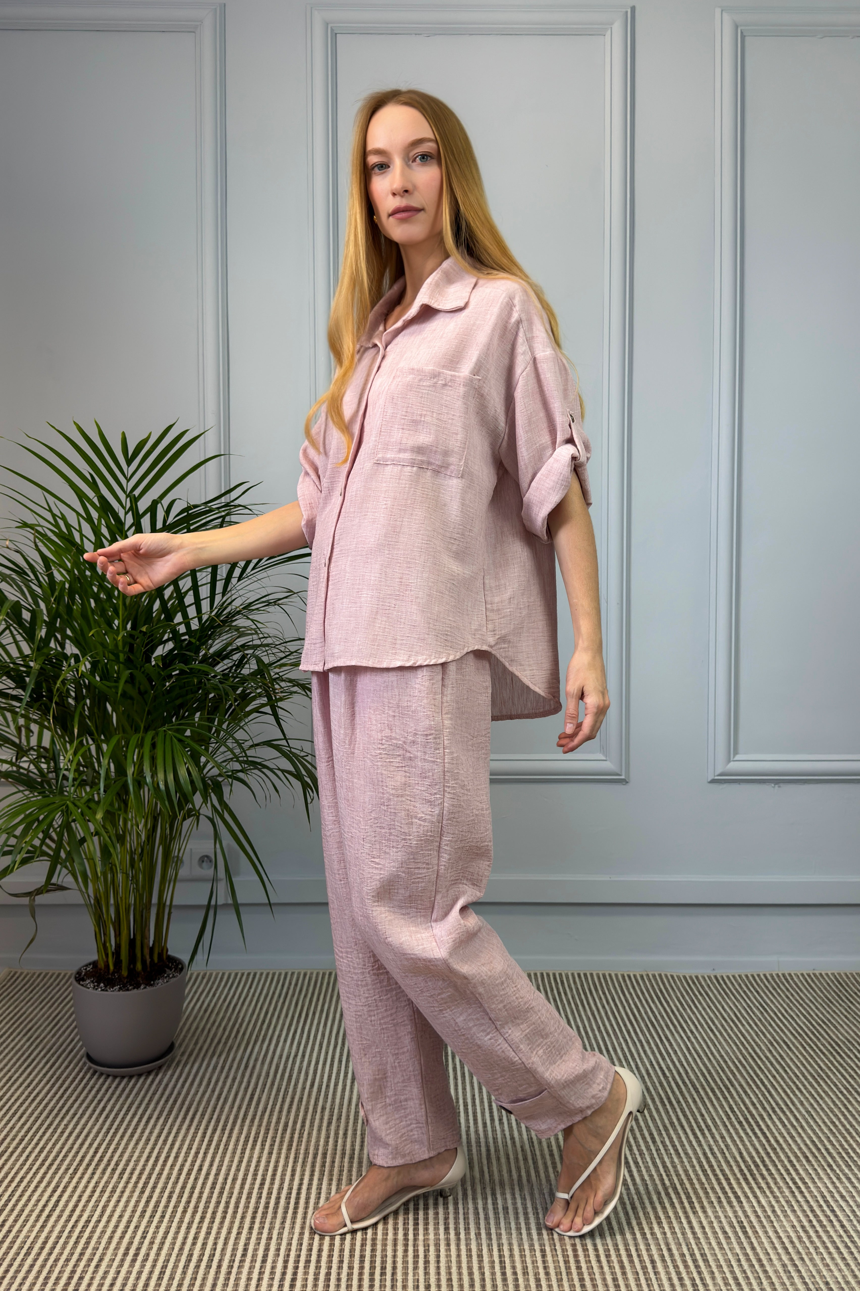 Lniany komplet damski – różowy