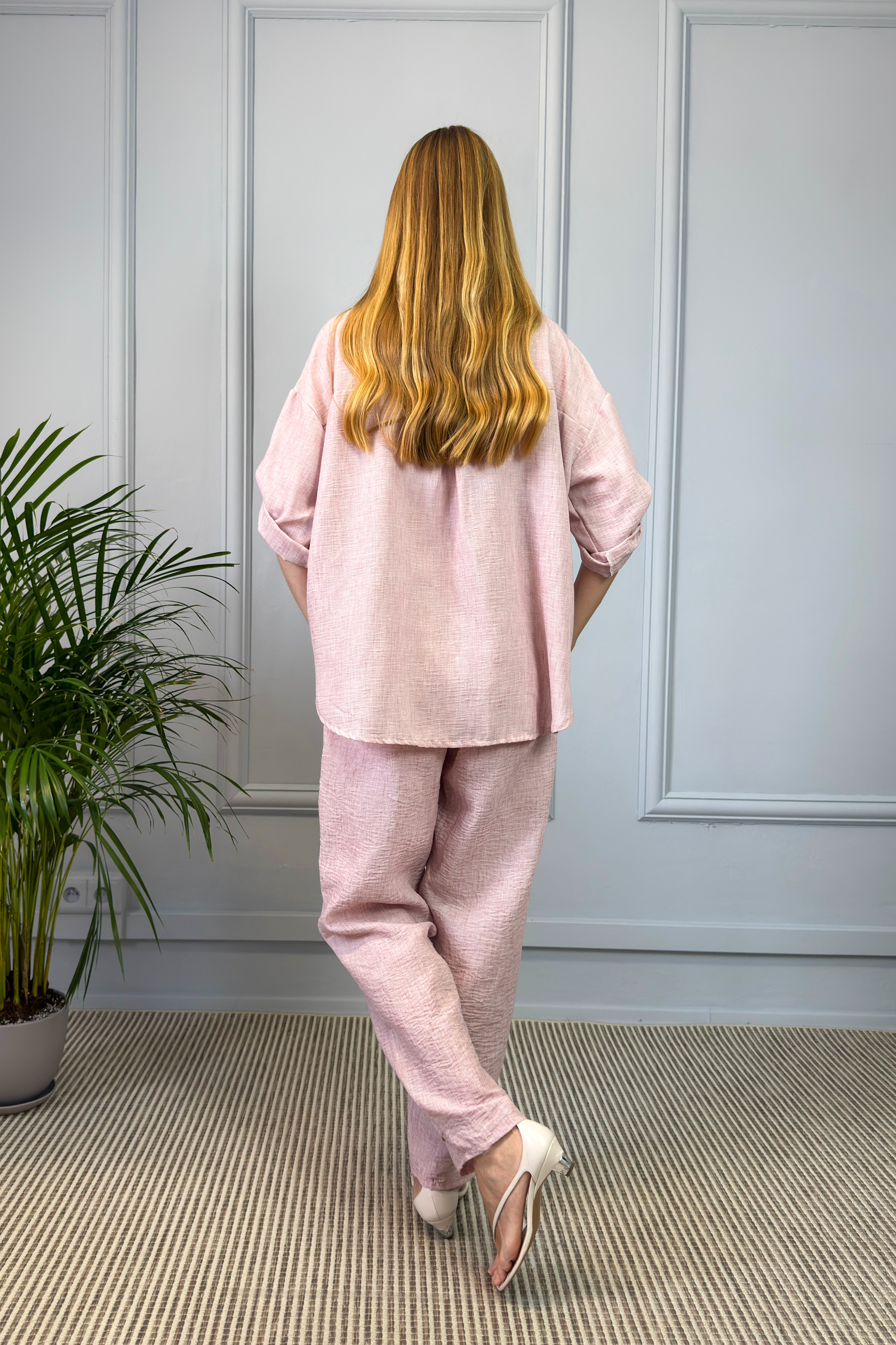 Lniany komplet damski – różowy