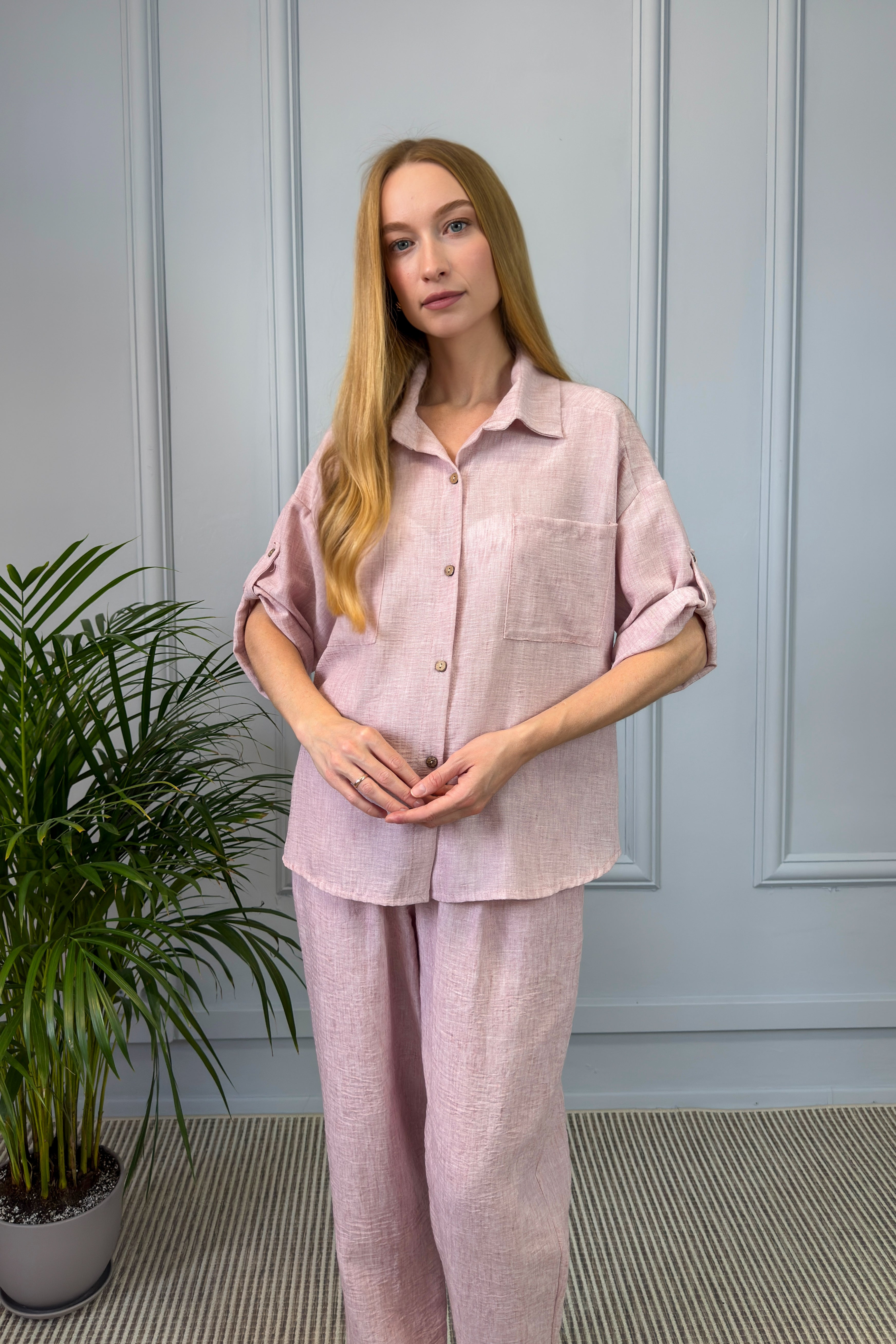 Lniany komplet damski – różowy