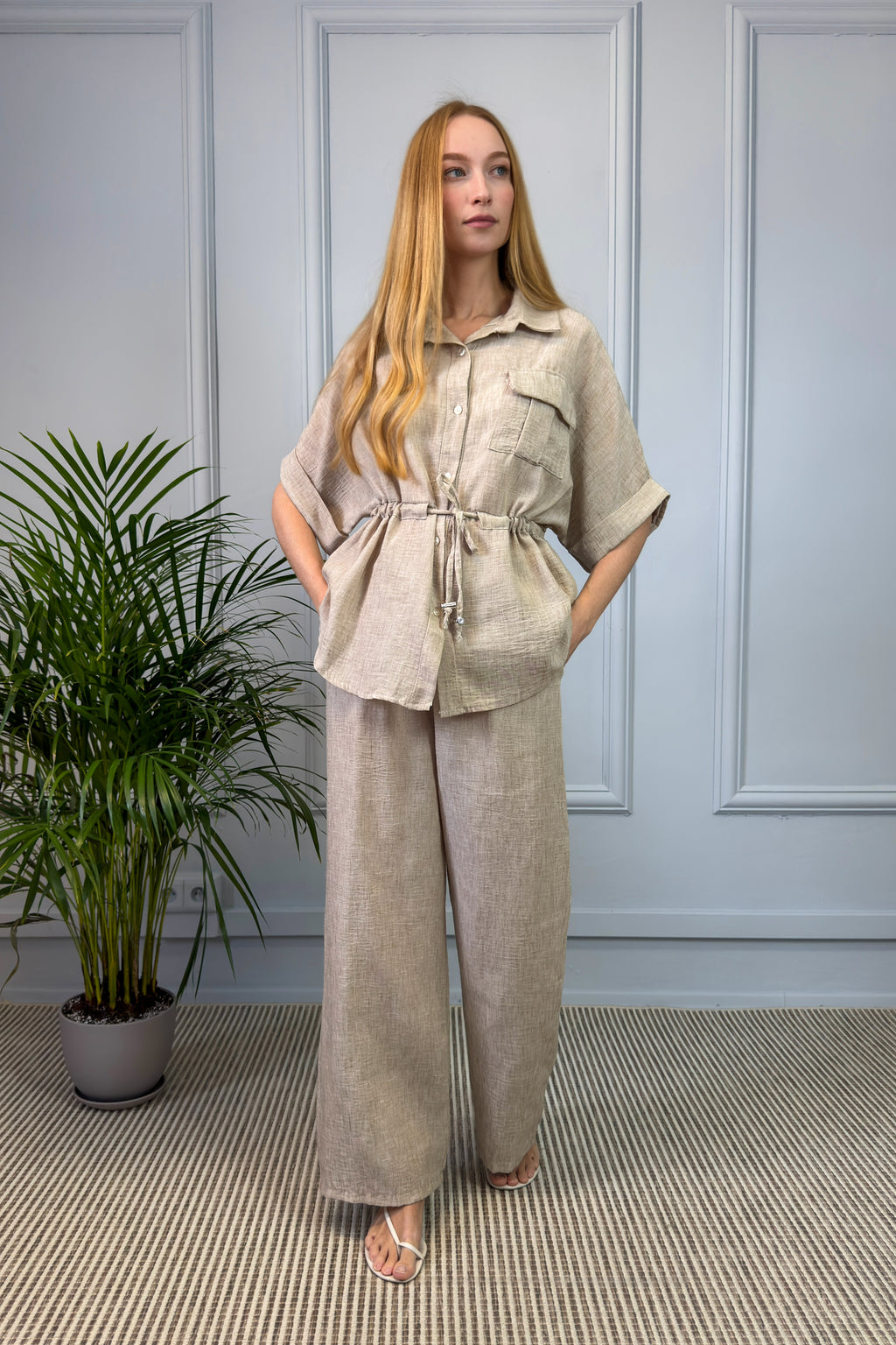 Lniany komplet damski – beżowy