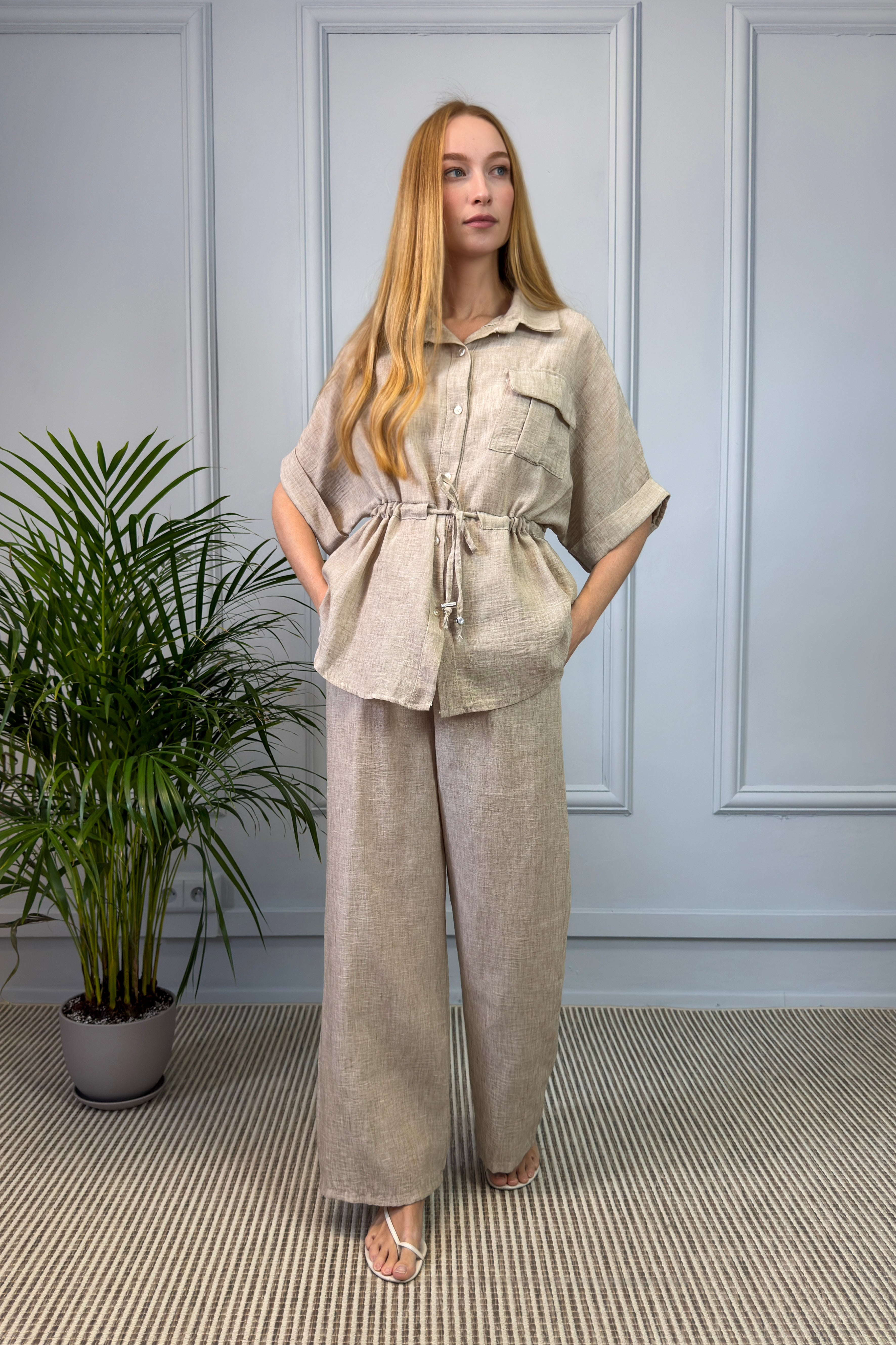 Lniany komplet damski – beżowy