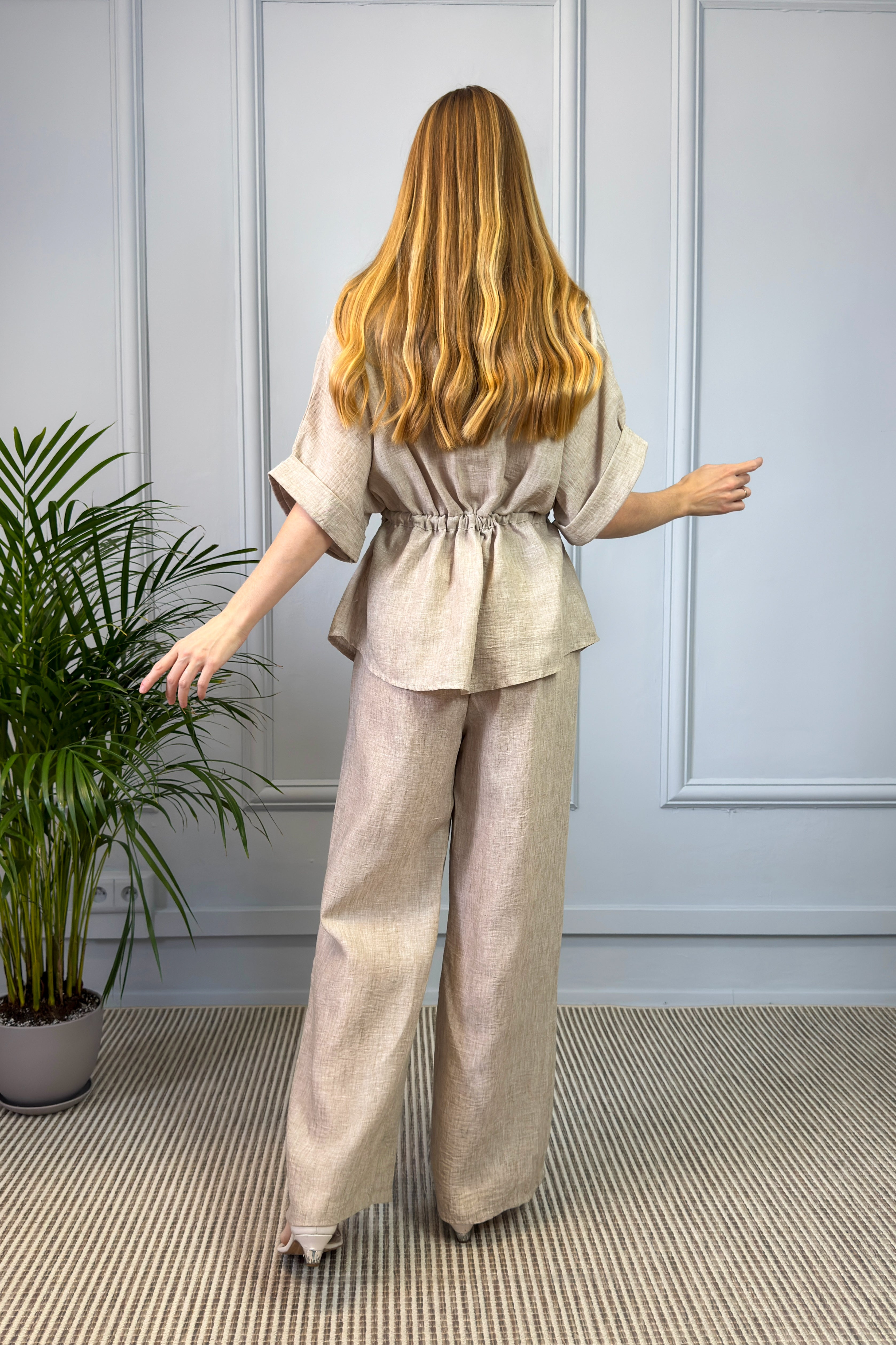 Lniany komplet damski – beżowy
