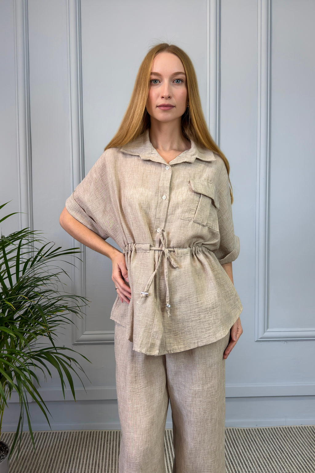 Lniany komplet damski – beżowy