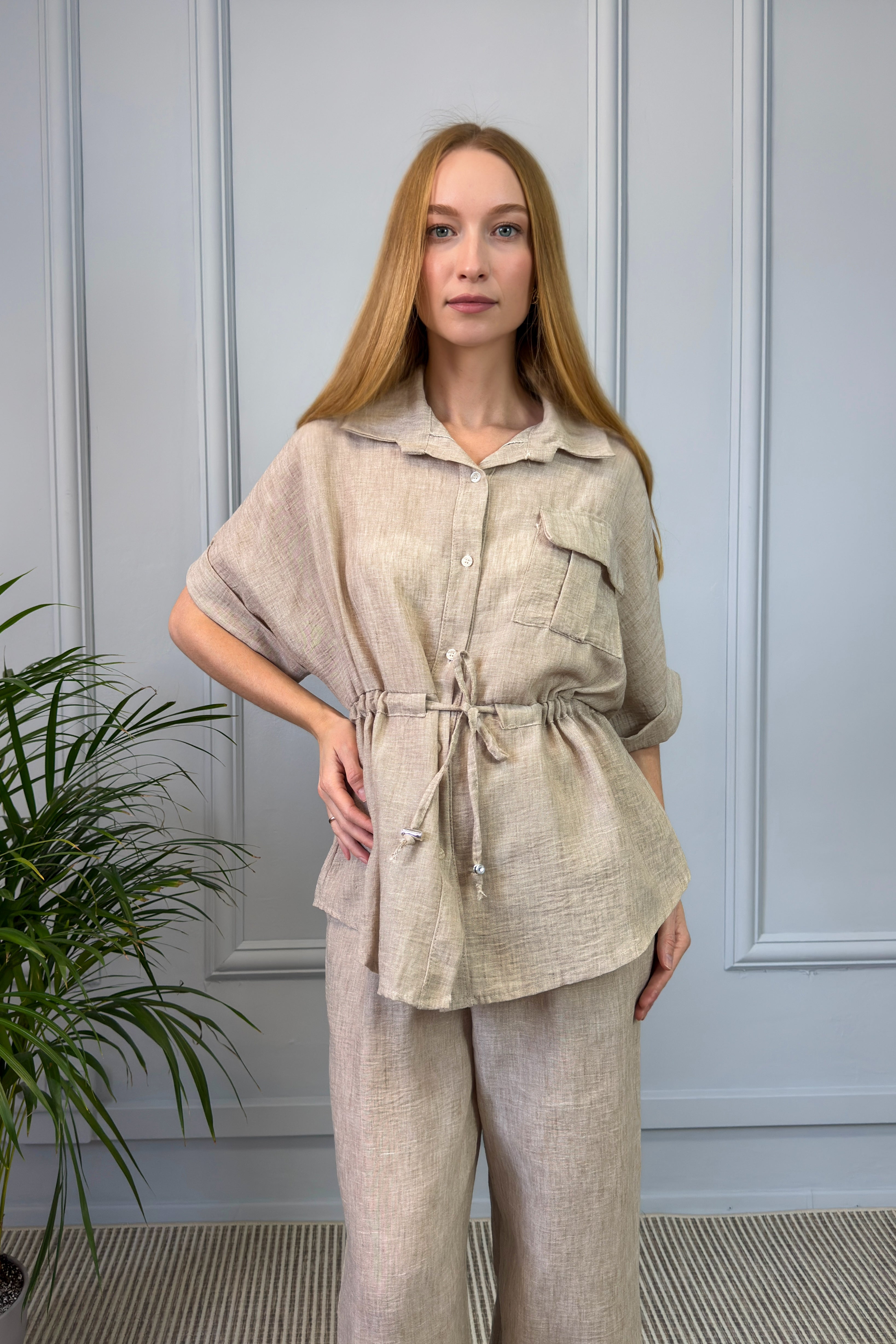 Lniany komplet damski – beżowy
