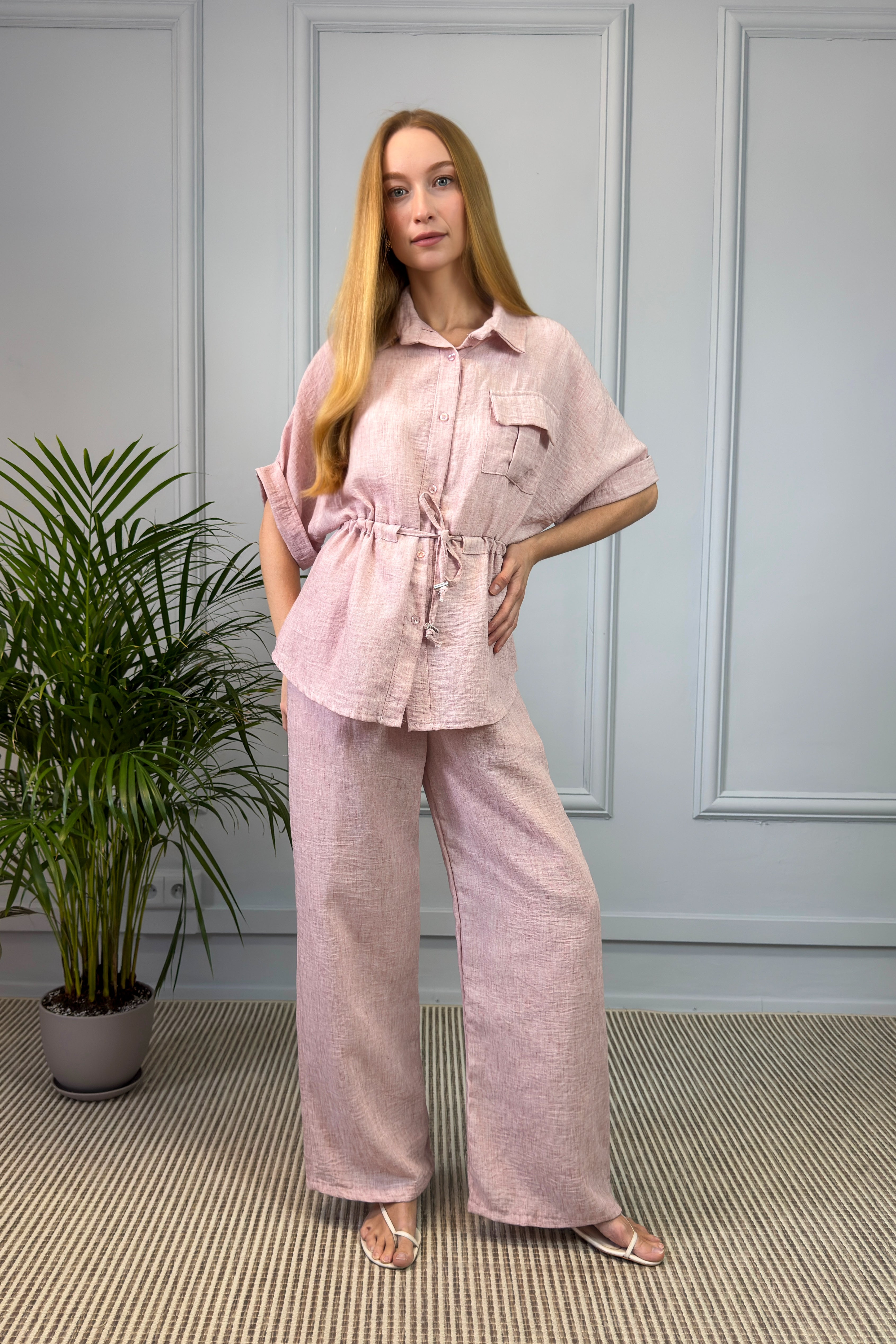 Lniany komplet damski – jasnoróżowy