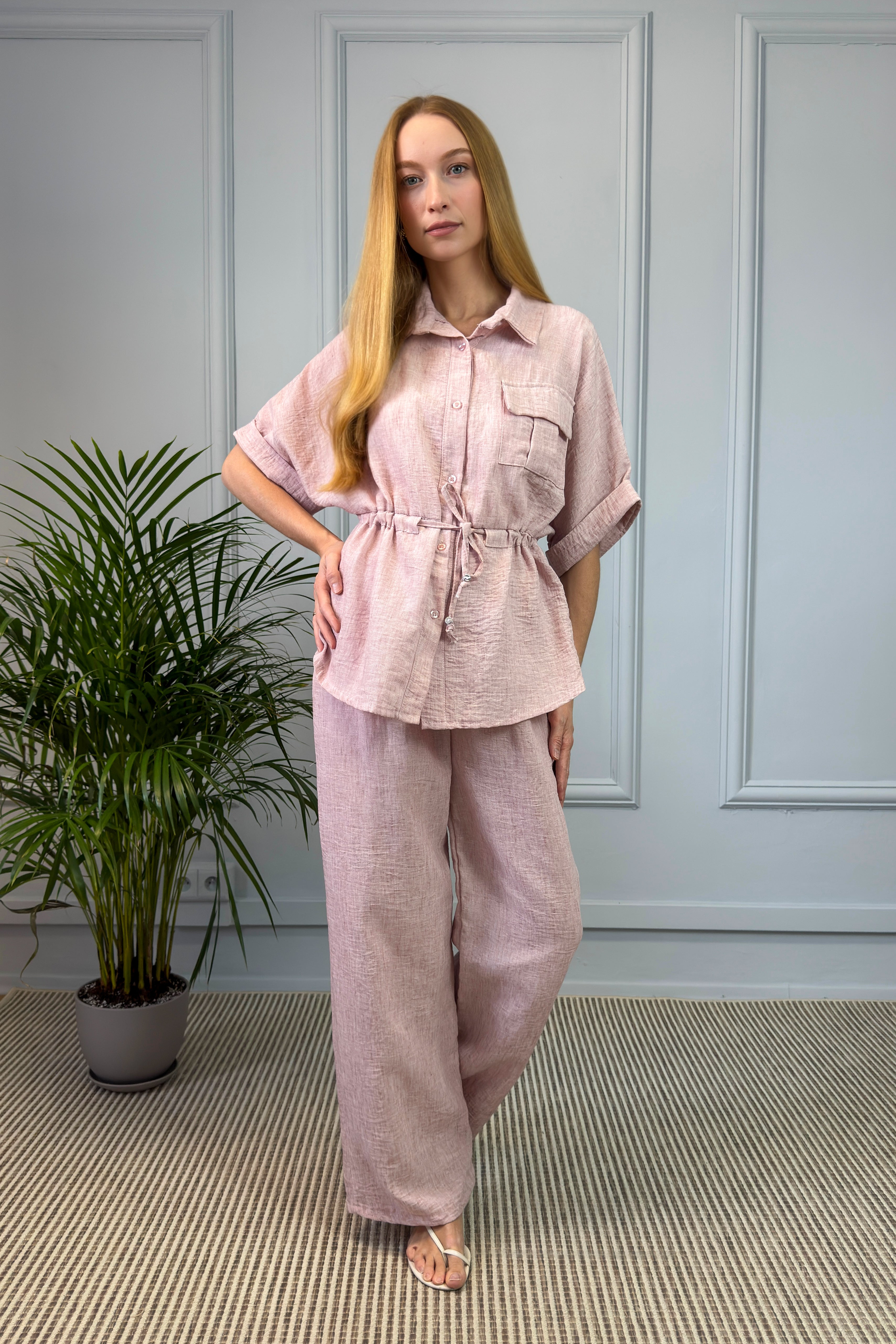 Lniany komplet damski – jasnoróżowy