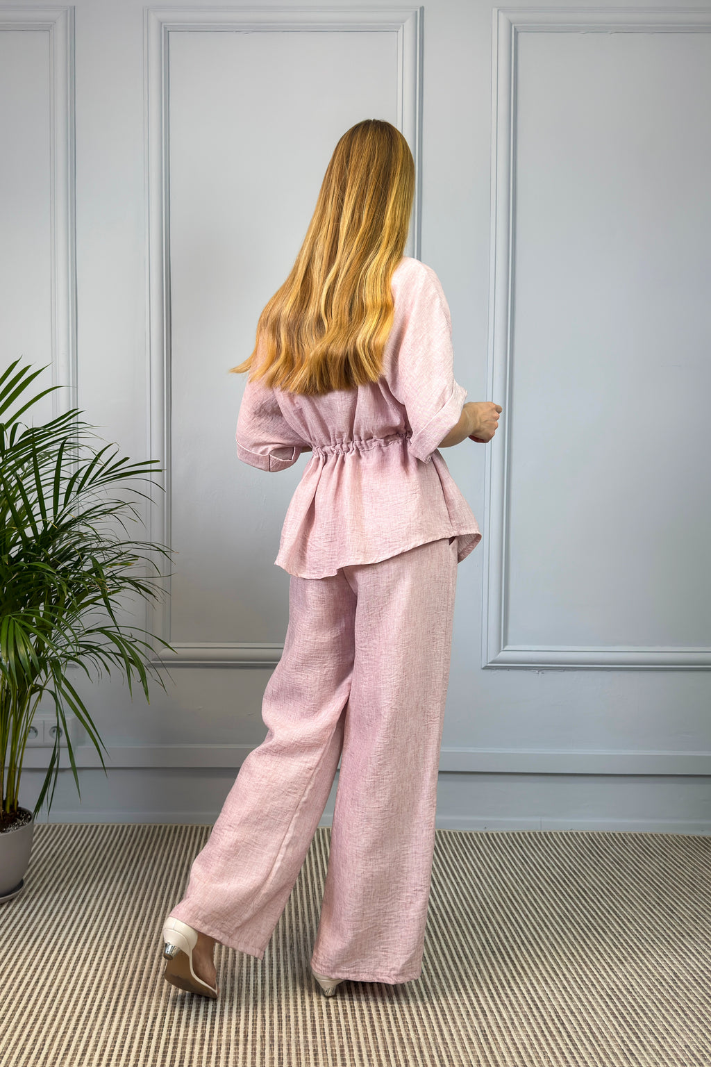 Lniany komplet damski – jasnoróżowy