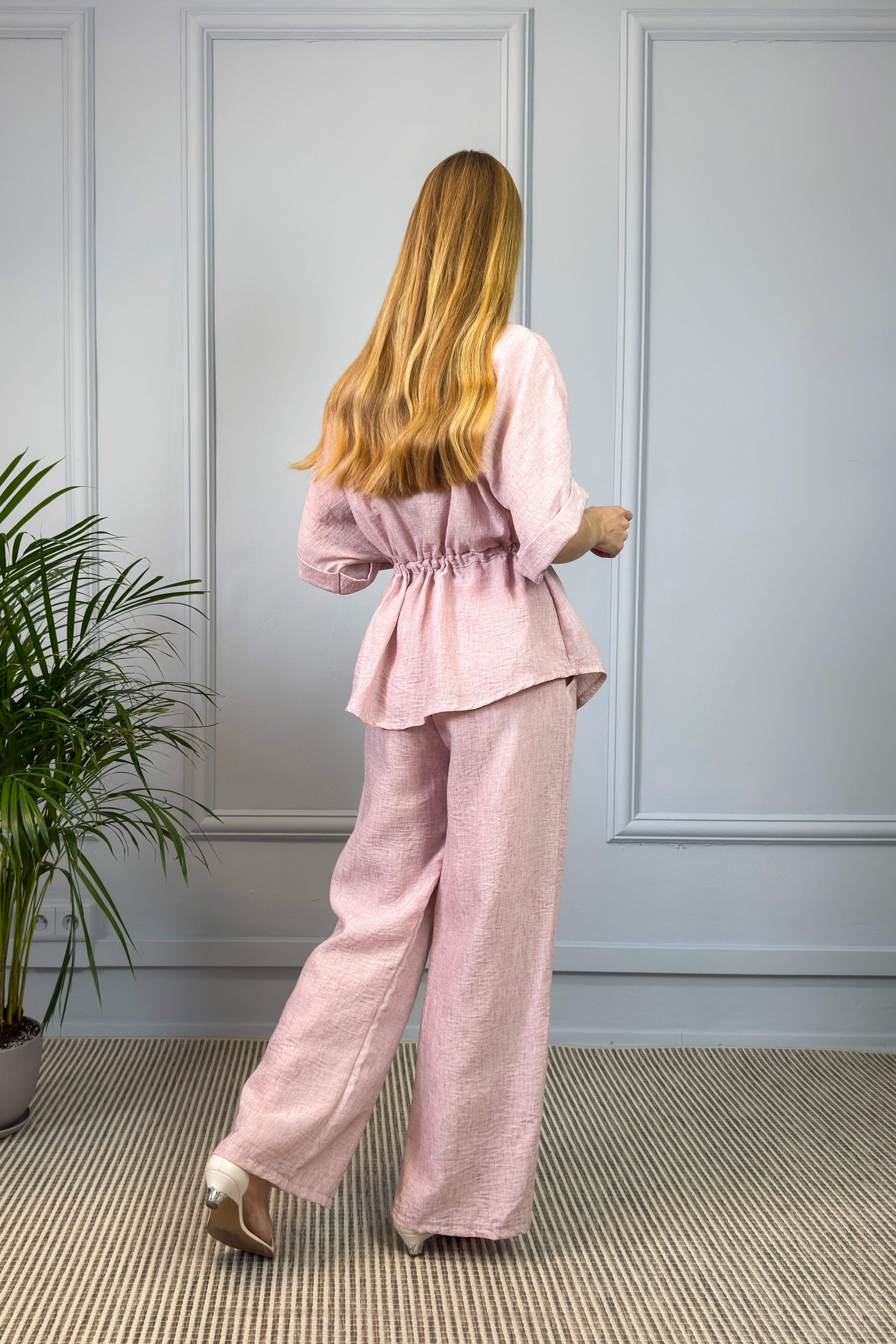 Lniany komplet damski – jasnoróżowy