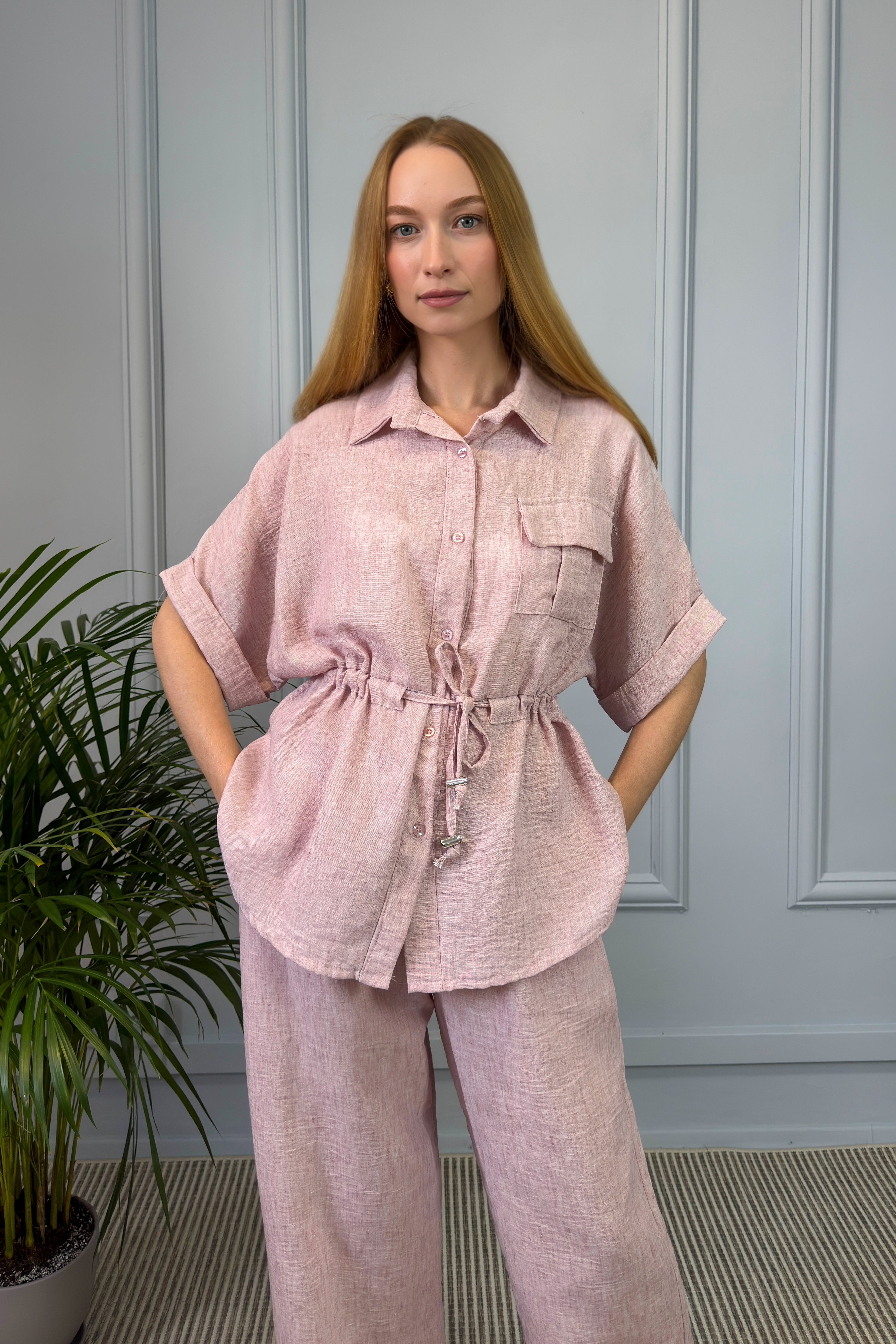 Lniany komplet damski – jasnoróżowy