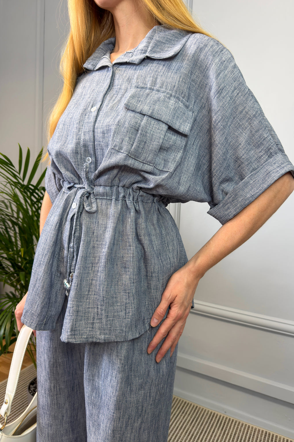 Lniany komplet damski – stalowy