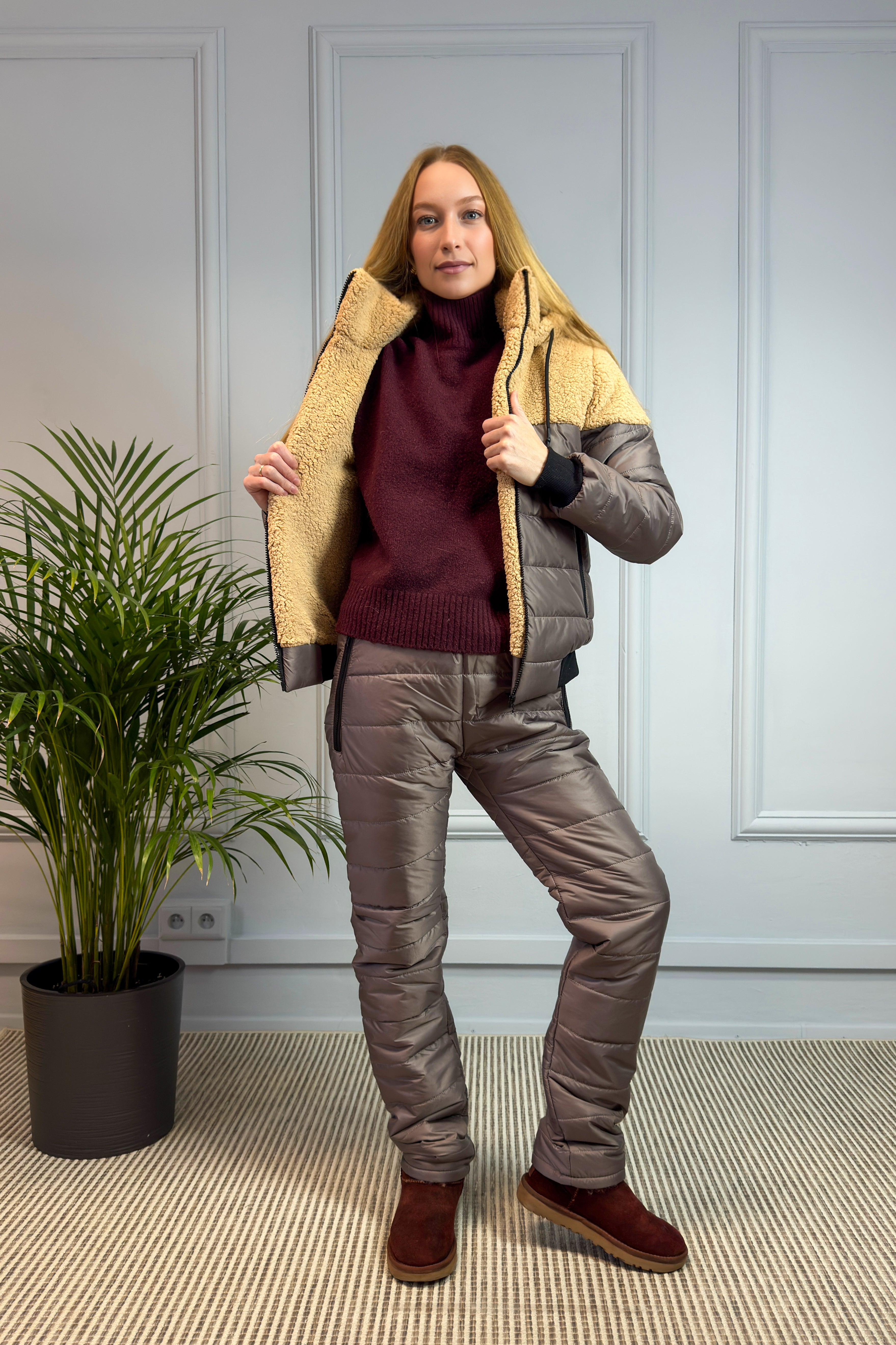 Ocieplany komplet z misiem kawowy