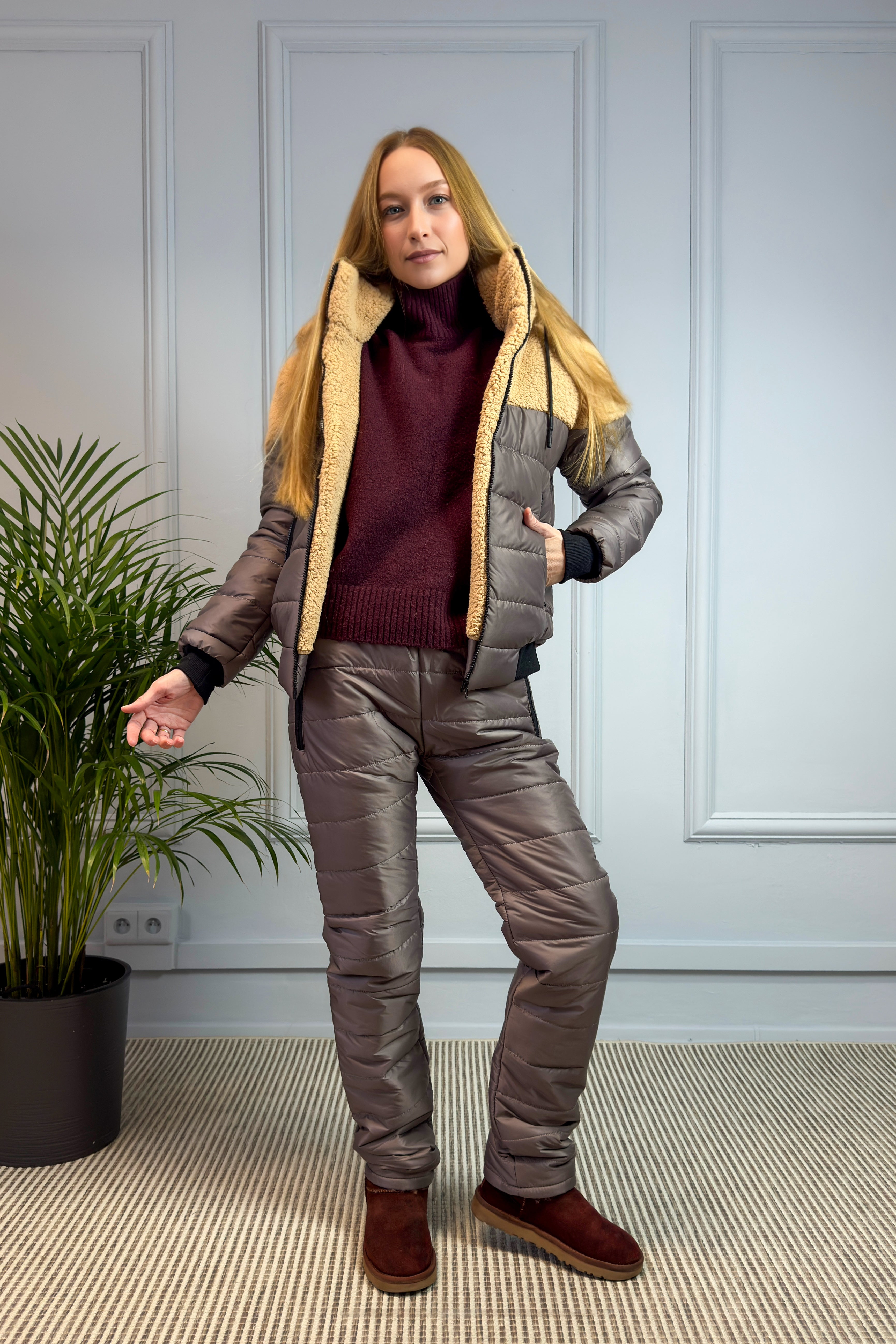 Ocieplany komplet z misiem kawowy