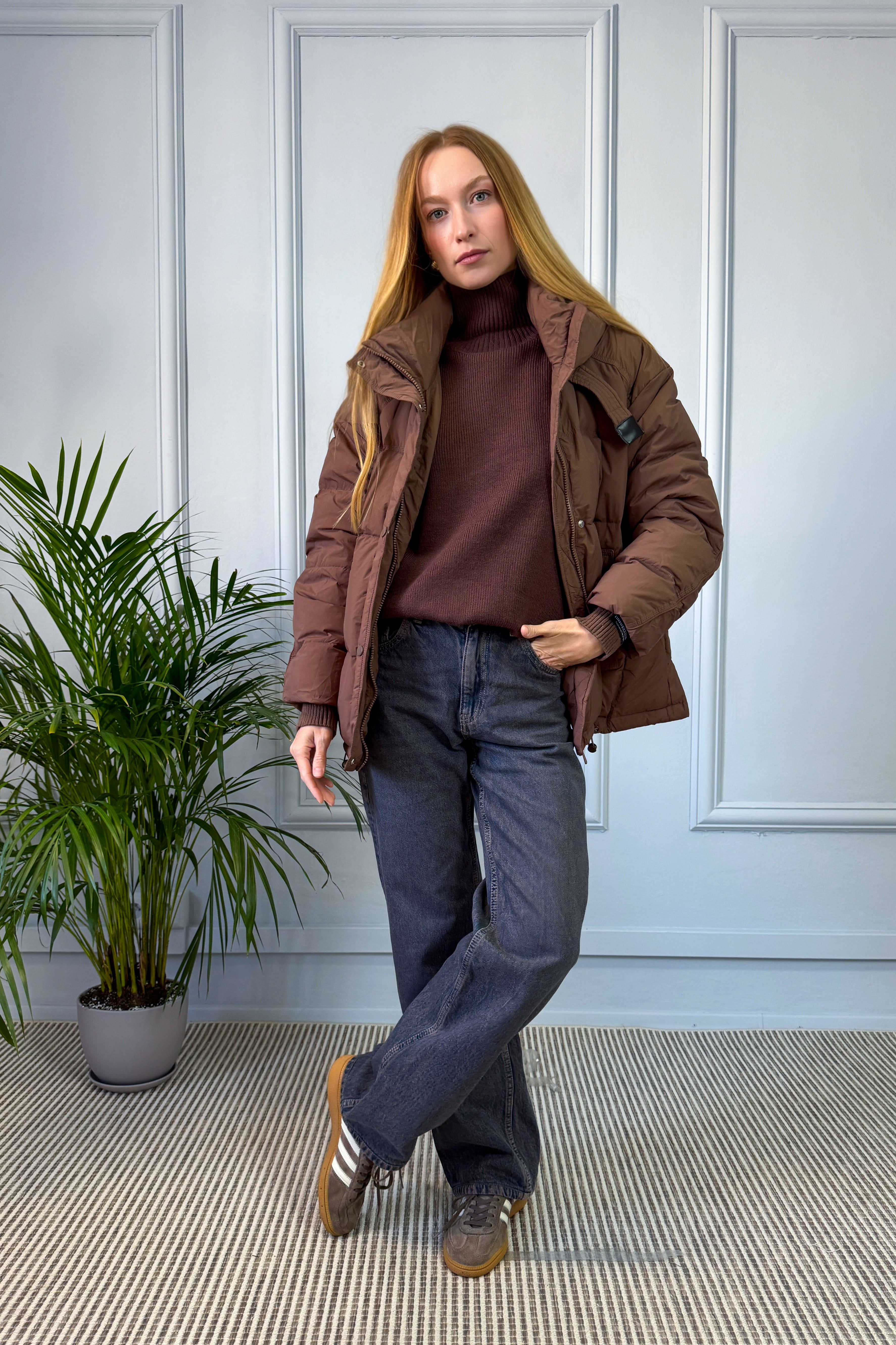 Pikowana kurtka oversize z kapturem – brązowa